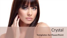  Presentation with female - Amazing slide deck having hair cosmetic - portrait of beautiful female model backdrop and a coral colored foreground