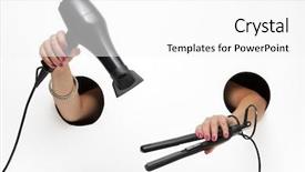  Presentation with curling - Beautiful presentation theme featuring hair cutter - female barber with hairdryer backdrop and a white colored foreground