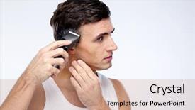  Presentation with gray - PPT layouts with hair cutter - man cuts himself over gray background and a  colored foreground