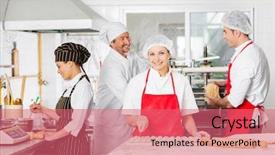  Presentation with chef - Audience pleasing PPT theme consisting of hair cutter - portrait of confident female chef backdrop and a  colored foreground