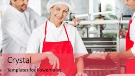 Presentation with portrait of excited overjoyed female - Audience pleasing slide set consisting of hair cutter - portrait of happy female chef backdrop and a red colored foreground
