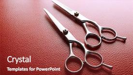  Presentation with metal manufacturer red - PPT theme featuring hair cutter - professional metal scissors lying background and a tawny brown colored foreground