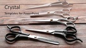  Presentation with metal - Presentation theme having hair cutter - professional metal scissors on wooden background and a coral colored foreground