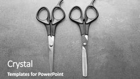  Presentation with dark grey - Audience pleasing slide set consisting of hair cutter - professional scissors with black handles backdrop and a gray colored foreground
