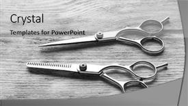  Presentation with metal - Audience pleasing theme consisting of hair cutter - two professional metal scissors lying backdrop and a light gray colored foreground