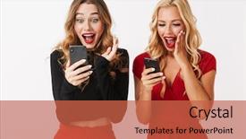  Presentation with nurses and mobile phones - Amazing PPT theme having duet - portrait of two excited young backdrop and a red colored foreground