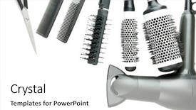  Presentation with cutting tools engineering milling - PPT theme enhanced with hair dresser - comb brushes hairdryer and cutting background and a white colored foreground