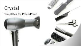  Presentation with cutting heavy metals - Presentation design consisting of hair dresser - comb brushes hairdryer and cutting background and a white colored foreground