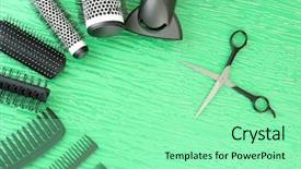 Presentation with color - Slide deck consisting of hair dresser - comb brushes hairdryer and cutting background and a  colored foreground
