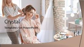  Presentation with bride - Audience pleasing slides consisting of hair dressing salon - hairdresser preparing bride before her backdrop and a  colored foreground