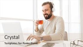  Presentation with greeiting show man - Cool new PPT theme with hair drinking tea and listening backdrop and a  colored foreground