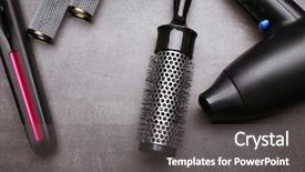  Presentation with barber - PPT layouts featuring hair dryer - barber set with equipment background and a dark gray colored foreground