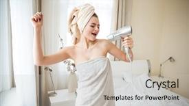  Presentation with home - Beautiful presentation theme featuring hair dryer - funny woman singing in hairdryer backdrop and a light gray colored foreground