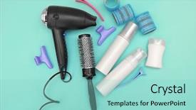  Presentation with turquoise - Beautiful slides featuring hair dryer - hairdresser set with various accessories backdrop and a mint green colored foreground