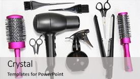  Presentation with tools - Presentation design having hair dryer - hairdressing tools on silver background background and a light gray colored foreground