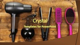  Presentation with tools in hairdressing - Amazing presentation theme having hair dryer - hairdressing tools on wooden table backdrop and a tawny brown colored foreground
