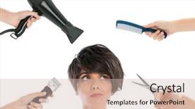  Presentation with tools in hairdressing - PPT layouts enhanced with hair dryer - young beautiful woman thinking background and a soft green colored foreground