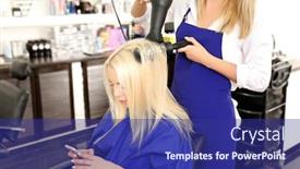 Presentation with hair salon - Colorful slide deck enhanced with hair-drying-process-at-salon backdrop and a navy blue colored foreground