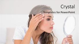  Presentation with automotive mirror - Beautiful slide set featuring hair examination - serious attractive brunette looking backdrop and a light gray colored foreground