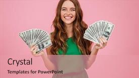  Presentation with long hair - Colorful slide deck enhanced with hair holding bunch of money backdrop and a coral colored foreground