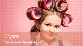  Presentation with lipstick - Slide deck with portrait of a pretty little girl with curlers in her hair holding lipstick studio shot over pink background kid's fashion background and a coral colored foreground