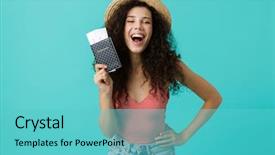  Presentation with passport travel - Cool new slides with hair laughing while holding passport backdrop and a seafoam green colored foreground