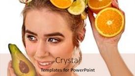  Presentation with beautiful skin - Cool new slides with hair mask from fresh exotic fruits on woman head girl with beautiful face hold ingredient for homemade organic skin and hair therapy masks made from natural ingredients for hair backdrop and a coral colored foreground