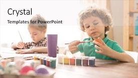  Presentation with sister - Beautiful PPT theme featuring adorable boy with curly hair painting eggs with gouache by table on background of his sister backdrop and a white colored foreground