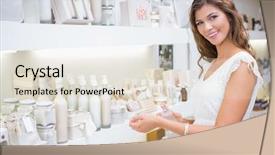  Presentation with beauty salon - Presentation theme enhanced with hair products - portrait of smiling woman testing background and a lemonade colored foreground