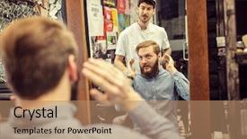  Presentation with understanding customer - PPT theme consisting of hair saloon - customer explains trimming hairstyle man background and a coral colored foreground