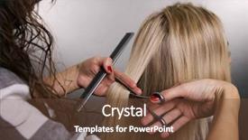  Presentation with work - Beautiful PPT theme featuring hair saloon - hairdresser at work over grey backdrop and a tawny brown colored foreground