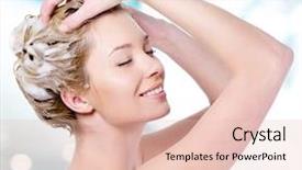  Presentation with hair shampoo - Amazing PPT layouts having hair shampoo - beautiful young blond woman backdrop and a lemonade colored foreground