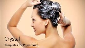  Presentation with shampoo - Amazing presentation having hair shampoo - beautiful young woman soaping her backdrop and a coral colored foreground