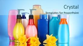  Presentation with beauty products - Amazing presentation having hair shampoo - bottles of health and beauty backdrop and a sky blue colored foreground