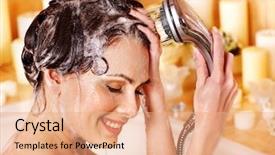  Presentation with bathroom - Cool new slides with hair shampoo - woman washes her head backdrop and a coral colored foreground