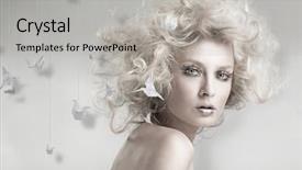  Presentation with huda beauty - Presentation design featuring hair style - attractive blond beauty with origami background and a light gray colored foreground