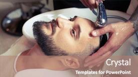  Presentation with barber - Beautiful PPT layouts featuring hair stylist - barber washing man head backdrop and a coral colored foreground
