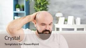  Presentation with bald - Presentation with hair trasplant - bald adult man at home background and a mint green colored foreground