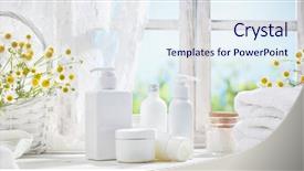  Presentation with cosmetic - Theme with haircare - white towel and cosmetic dispensers background and a sky blue colored foreground