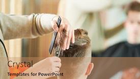  Presentation with barber shop - Presentation theme enhanced with haircut-of-young-man-hairdressing background and a coral colored foreground