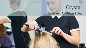  Presentation with beauty salon - Colorful slide set enhanced with hairdo-in-beauty-salon-hairdresser backdrop and a light blue colored foreground