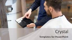  Presentation with barber - Cool new slide deck with grooming technology and hairdressing concept backdrop and a light gray colored foreground