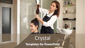  Presentation with hairdressing salon - Amazing slide deck having hairdresser-and-happy-woman-hairdressing backdrop and a coral colored foreground