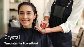  Presentation with hair - Colorful theme enhanced with hairdresser-applies-mousse-on-woman backdrop and a dark gray colored foreground
