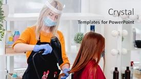  Presentation with hair care - Amazing PPT theme having hairdresser-care-about-long-hair backdrop and a sky blue colored foreground