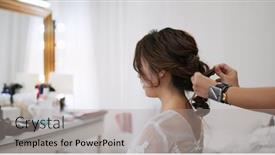  Presentation with salon - Presentation design consisting of hairdresser creating a hairstyle for bride in salon background and a light gray colored foreground