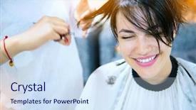  Presentation with happy barber client - PPT theme enhanced with hairdresser cutting hair at hairdressing background and a sky blue colored foreground