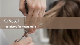  Presentation with hair salon - Beautiful presentation theme featuring hairdresser cutting wet hair close backdrop and a violet colored foreground