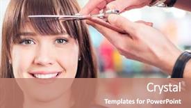  Presentation with hair tools and hairdressing concept - Audience pleasing presentation theme consisting of hairdresser cutting woman bangs hair backdrop and a coral colored foreground