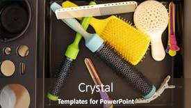  Presentation with analysis risk top view - Colorful theme enhanced with hairdresser-equipment-different-combs-top backdrop and a tawny brown colored foreground